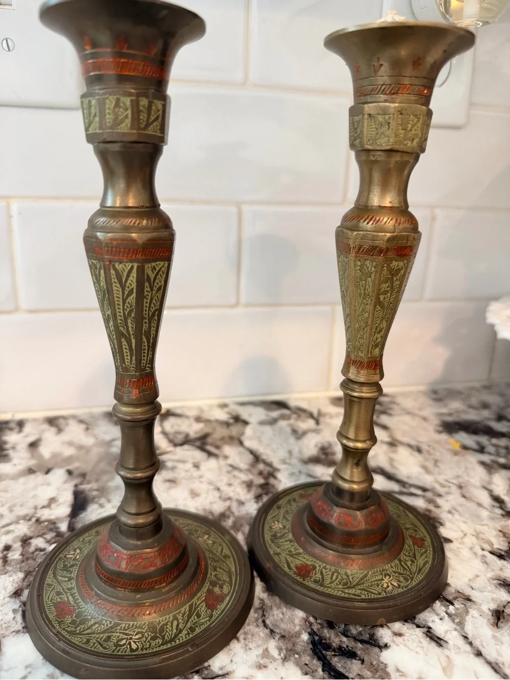 Vintage 1982 Stamped Indian Brass & Enamel Candlesticks – Matching Pair